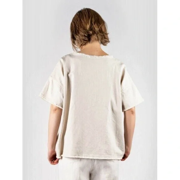 45R by 45RPM Japanese Cotton Linen Denim Frayed Hem Oversized Top in Beige